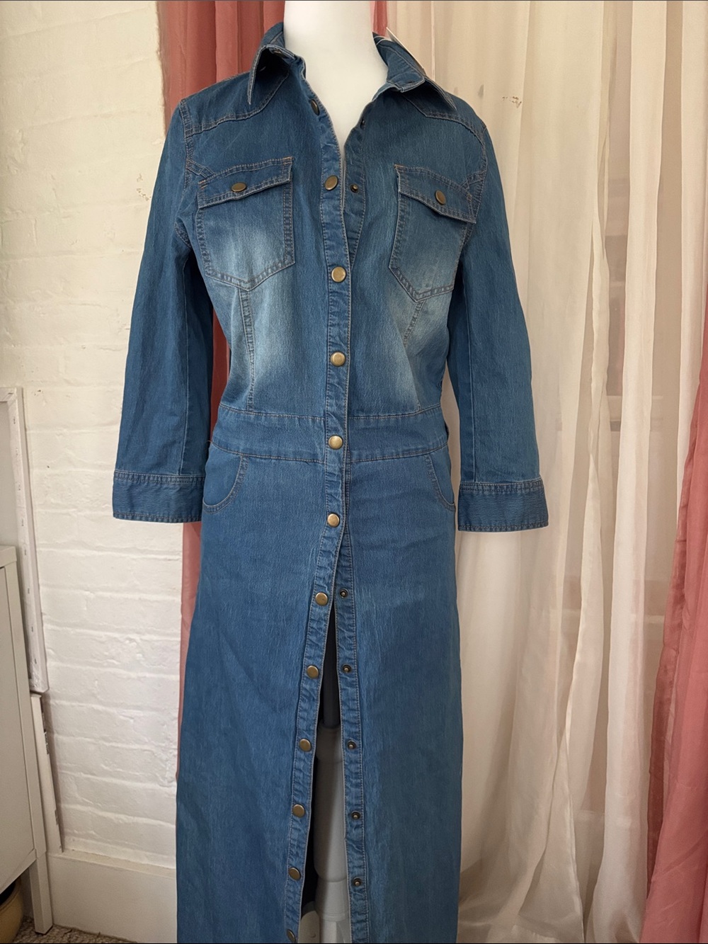 HAODUOYI Blue Button-Front Denim Maxi Dress